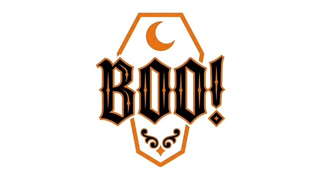 Vintage halloween graphic with a coffin and the word boo in decorative lettering