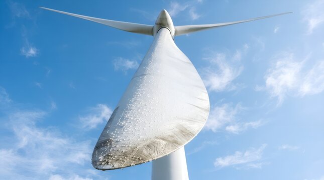Low angle view of a large wind turbine blade against a bright blue sky.