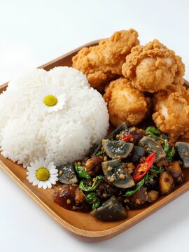 A wooden tray holds a serving of crispy fried chicken pieces, a portion of rice adorned with chamomile flowers, and a stir-fry featuring century eggs and fresh basil leaves. 