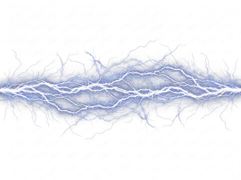 Powerful blue electric lightning bolt striking horizontally with bright energy discharge on a transparent background.