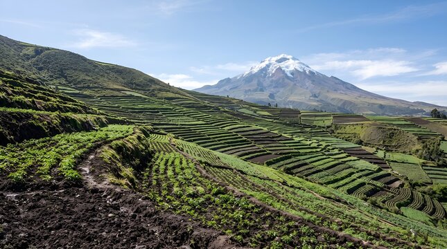 Stunning Agricultural Terraces Under The Snow Capped Chimborazo Volcano in Ecuador.