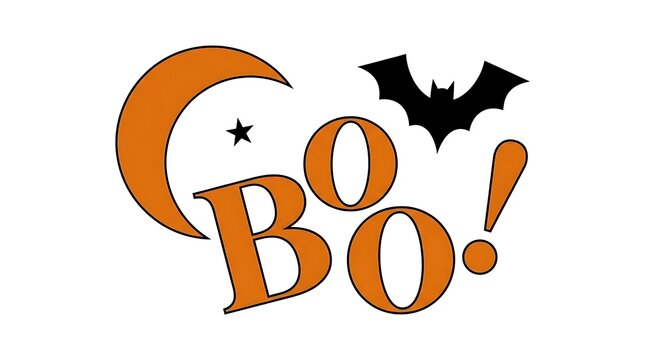 Festive halloween graphic with crescent moon bat and playful boo lettering