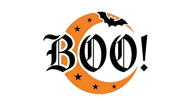Festive halloween graphic with the word boo and a crescent moon illustration