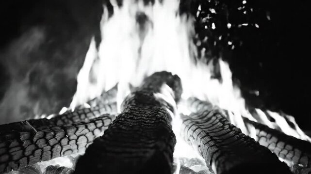 Black and white close up of burning logs in a fireplace with vibrant flames and soft smoke