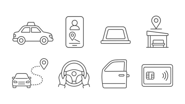 Taxi Service Icons: A collection of clean line art icons representing various aspects of taxi and ride-sharing services, including a car, driver ID, pickup point, and payment method.