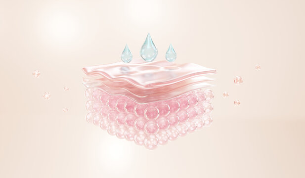 Scientific skincare illustration showing blue serum molecules and droplets interacting with the skin surface, representing hydration, moisture absorption, skin barrier protection and cosmetic science.