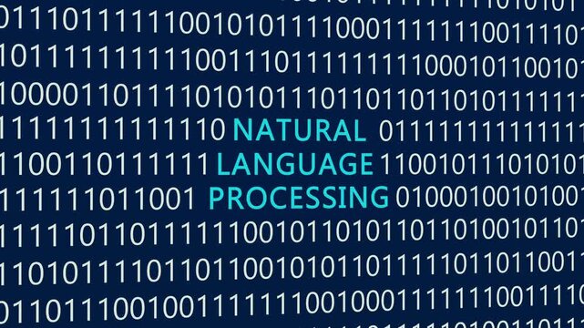 Natural language processing text or word with digital binary animation background, designed for an illustrative digital world technology concept representing artificial intelligence and data.