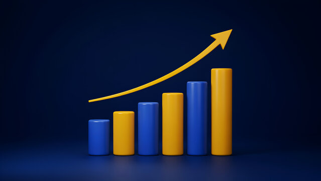 3d bar chart with an upward trending arrow indicating business growth, financial success, and positive progress on a dark blue background