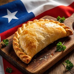 Fototapeta na wymiar Golden baked empanada sits on rustic wooden board. Chilean flag in soft background. Savory pastry fills with seasoned meat, onion, spices. Traditional Chilean food.