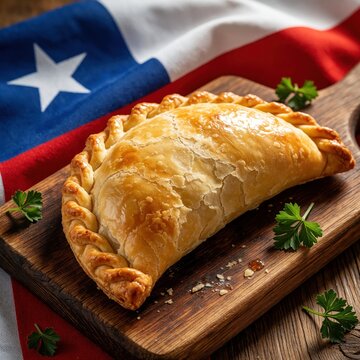 Golden baked empanada sits on rustic wooden board. Chilean flag in soft background. Savory pastry fills with seasoned meat, onion, spices. Traditional Chilean food.
