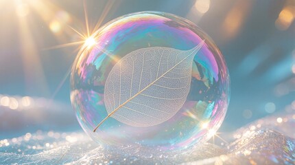 Obraz premium Delicate leaf skeleton inside iridescent bubble. Light rays shine on ethereal orb with swirling rainbow colors. Fragile nature concept in macro view.