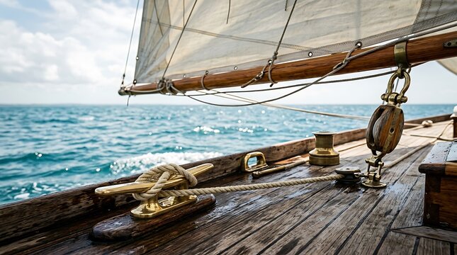 Sailboat deck with brass fittings