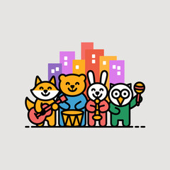 Fototapeta premium Whimsical animal band featuring a fox on guitar, bear on drums, rabbit on trumpet, and owl with maracas performing against a colorful city skyline