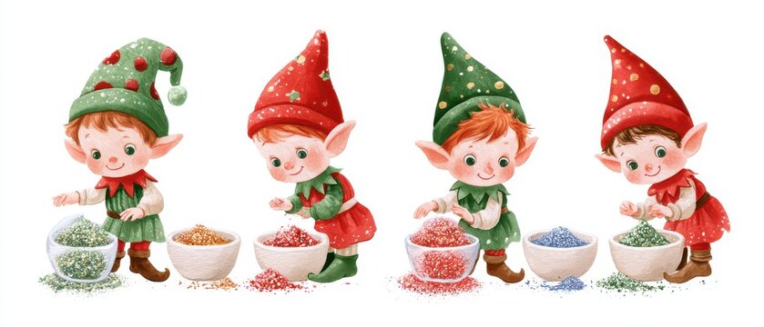 Cute watercolor illustration of Elves sorting different kinds of glitter and festive dust for the toy-making process, four different poses in a horizontal row, character sheet, isolated on a white