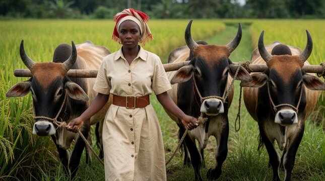 African woman directs pair of oxen in rich green field. She wears traditional attire and a headscarf. Focus is on female farmer and livestock in rural landscape.