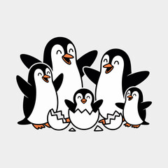 Fototapeta premium Heartwarming portrayal of familial bonds and new beginnings featuring a colony of cheerful penguins gathered around a small chick hatching from its egg in minimalist vector art