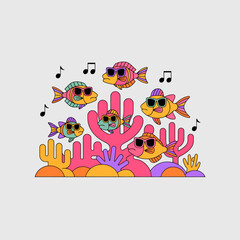 Naklejka premium structured vector arrangement of multiple colorful fish wearing sunglasses and floating music notes over a stylized pink and purple coral reef landscape