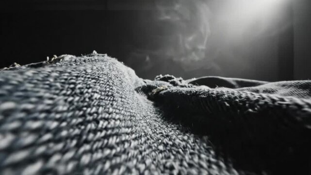 Low angle of textured fabric with rising smoke and bright light creating a dramatic atmosphere