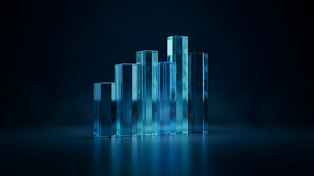Abstract 3d bar chart made of transparent blue glass pillars standing on a dark reflective surface with a moody atmospheric background
