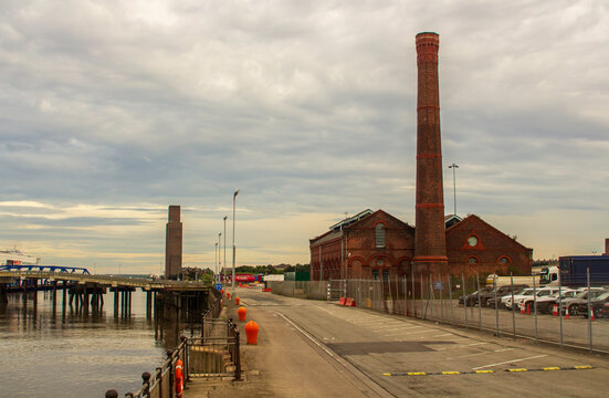 The historic Victorian pumping station and tall red brick chimney located at the Stena Line Birkenhead to Belfast Ferry Terminal