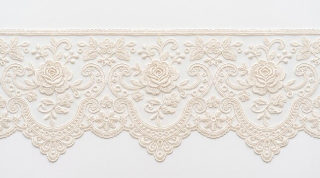Vintage floral lace fabric trim featuring intricate rose patterns and decorative scalloped edges for bridal sewing projects fashion accessories heirloom garments and classic home textile