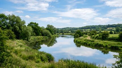 Fototapeta premium A peaceful river flowing through the lush green countryside on a sunny summer day.