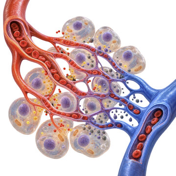 Red arteriole branching into capillaries and joining a blue venule with tissue exchange around translucent cells