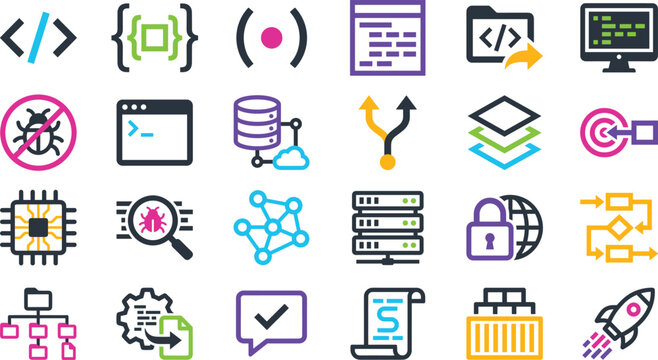 Software Development and Web Programming Color Icon Set with Coding Brackets Databases Debugging Cloud Servers Git Branching and Tech Startup Vector Symbols