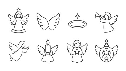 Fototapeta premium Angelic Icons: A collection of simple, clean line-art icons depicting various angelic figures, wings, and halos, perfect for religious or festive designs.