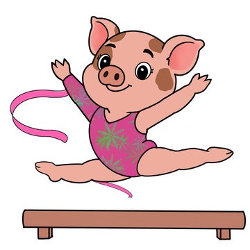 Cute cartoon pig in a pink leotard doing a rhythmic gymnastics ribbon split leap, gymnast character illustration. 