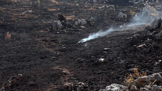 Smoke rises from smoldering scorched ground after a wildfire in a dry rocky landscape. Burned terrain, blackened earth, wildfire aftermath, natural disaster, climate change, environmental damage. 