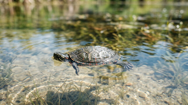 Red eared slider turtle swimming in clear pond water