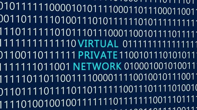 Virtual private network text or word with digital binary animation background, designed for an illustrative digital world technology concept representing secure data connection and online privacy.