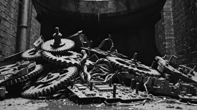 Black and white close up of a broken clock resting on a pile of gears and electronics in a gloomy alley