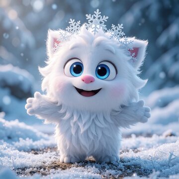 Fluffy white pet creature stands smiling on snowy ground. Cute animal wears snowflake crown in cold winter setting. Sweet character evokes joy.