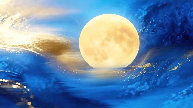 Glowing Full Moon on Blue Waves and Ink Clouds with Golden Sparkles, Dreamy Cosmic Wide Landscape Bokeh Wallpaper