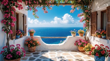 Obraz premium White balcony with colorful bougainvillea flowers overlooks blue sea. Sunny mediterranean terrace features terracotta pots with bright blooms. Scenic coastal view with summer clouds, calm ocean