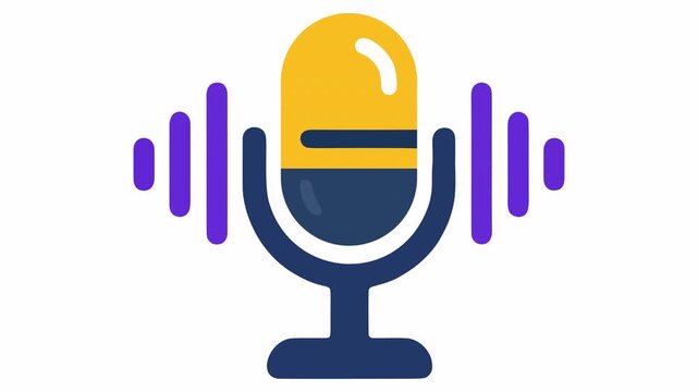 Yellow and Blue Studio Microphone Icon Vector Illustration with Purple Sound Wave Signals for Voice Recording, Podcast Studio, and Broadcast