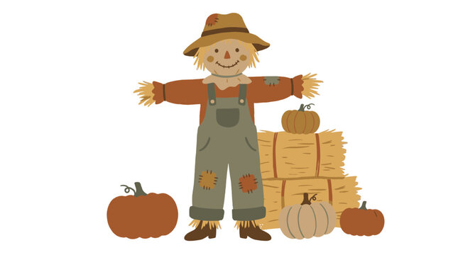 Cute scarecrow with pumpkins and hay bales