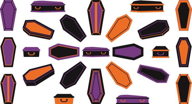 Colorful coffins arranged in a pattern on a white background for halloween themes