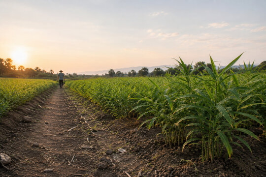 Ginger root grows in field ready to be harvested and brought to table for fresh use in cooking and natural remedies