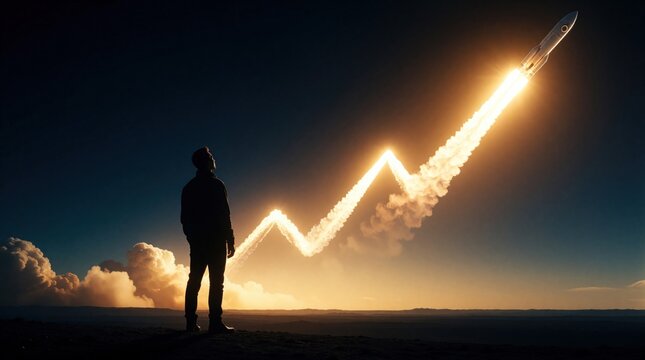 Person watches rocket launch leaving fiery trail forming upward trend graph. Symbolizes business growth, career ambition, new startup journey, and future success.
