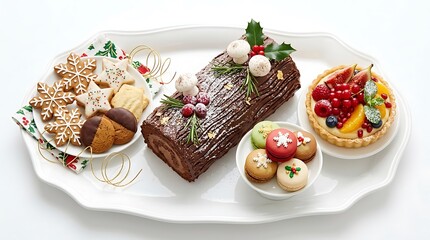 Naklejka premium Christmas Dessert Platter with Yule Log Cake and Holiday Cookies.