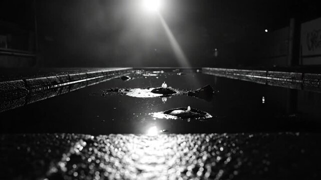 Black and white shot of water puddle reflecting light at night with small objects floating in the water.
