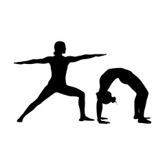 Fototapeta premium Two people practicing yoga poses in simple silhouettes