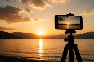 Obraz premium Smartphone on tripod records golden sunset over sea, mountains. Mobile phone captures landscape video at beach during dusk. Tech device films beautiful ocean view with orange sky. Travel blogger uses