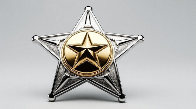 Polished metallic five pointed star badge with gold center, silver frame. Shiny law enforcement emblem represents police authority, sheriff officer marshal. Metal security symbol isolated on neutral