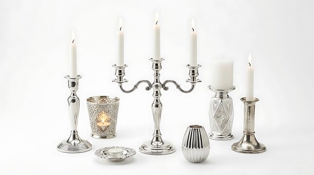 Set of elegant silver candlesticks and decorative candle holders on white background.