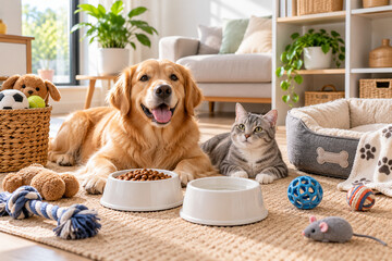 Naklejka na ściany i meble Happy dog and cat with pet food bowls in a cozy modern home