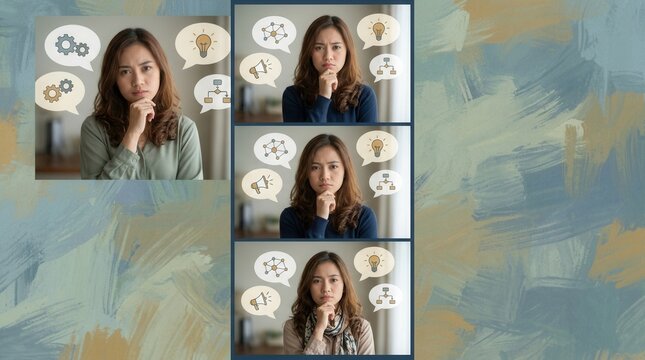 Young Asian woman in deep thought, surrounded by idea bubbles, representing decision-making, problem-solving, and innovation.